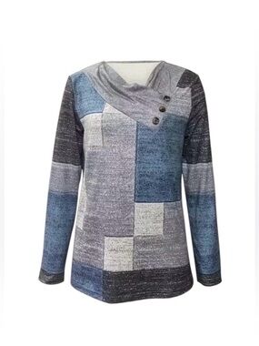 Patchwork Cowl Neck Thin Sweater with Button Trim - Gray Blue